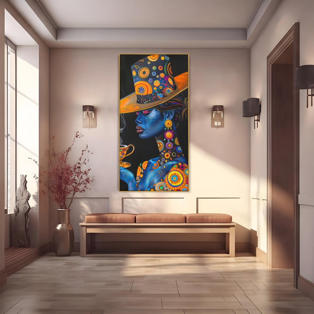 Tablou canvas cu tablou canvas cu portretul unei femei albastre, in rama de aluminiu auriu
